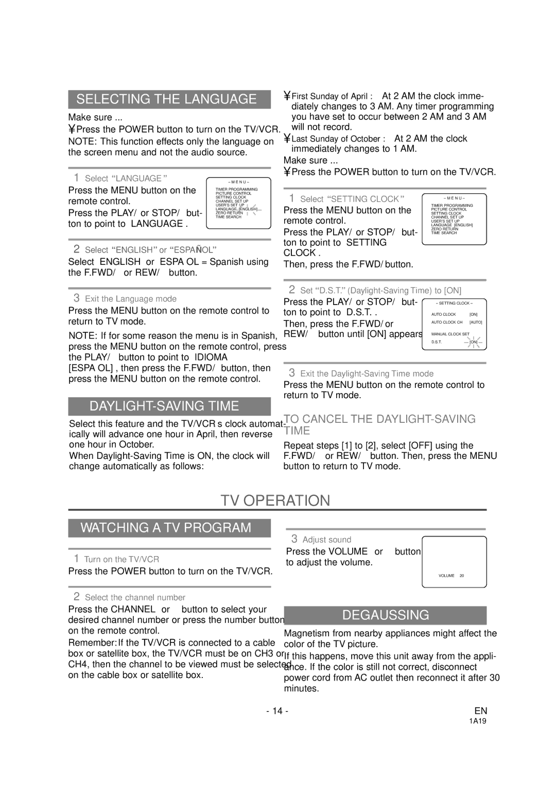 Sylvania SSC091 owner manual TV Operation, Selecting the Language, DAYLIGHT-SAVING Time, Watching a TV Program, Degaussing 