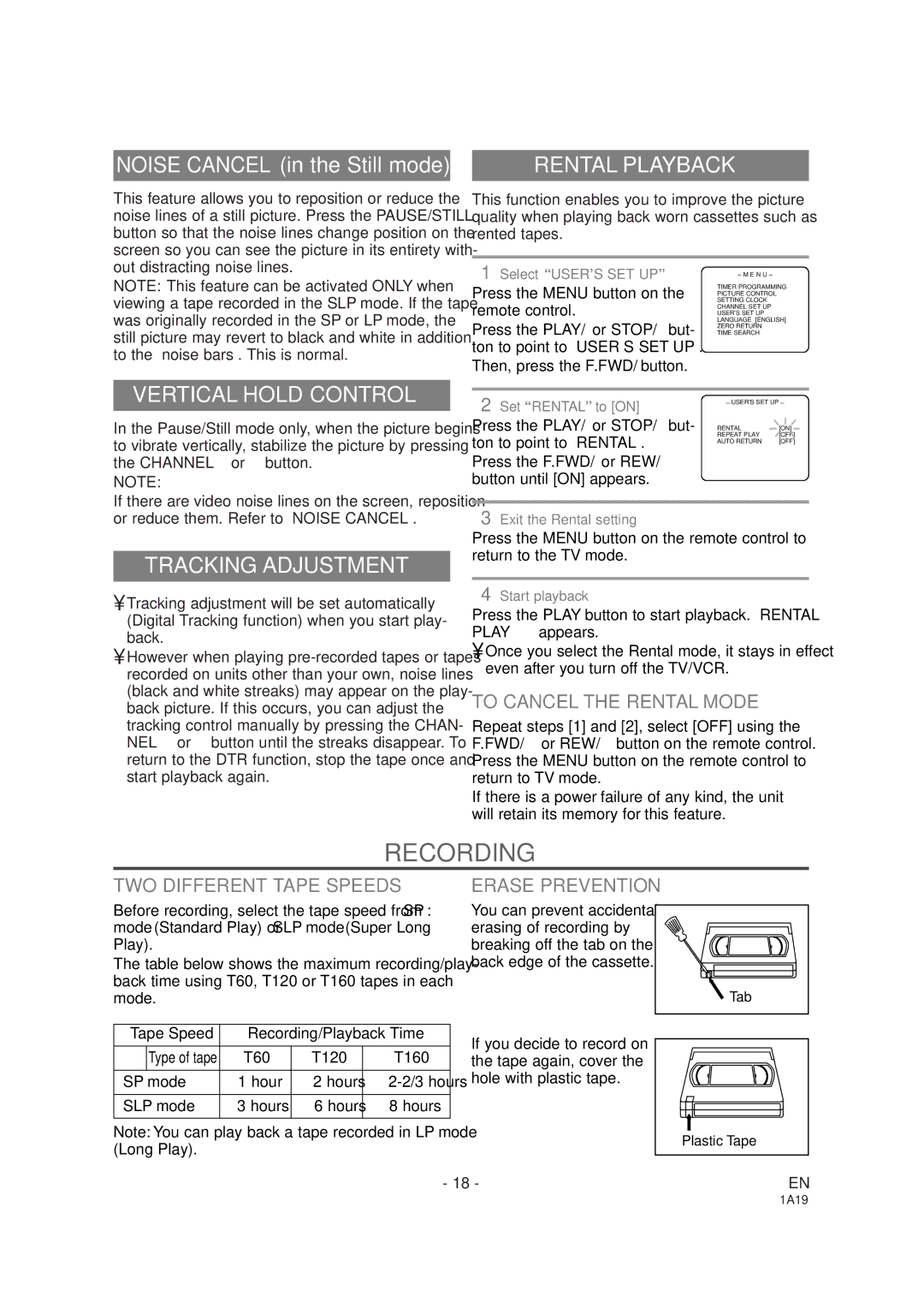 Sylvania SSC091 owner manual Recording, Rental Playback, Vertical Hold Control, Tracking Adjustment 