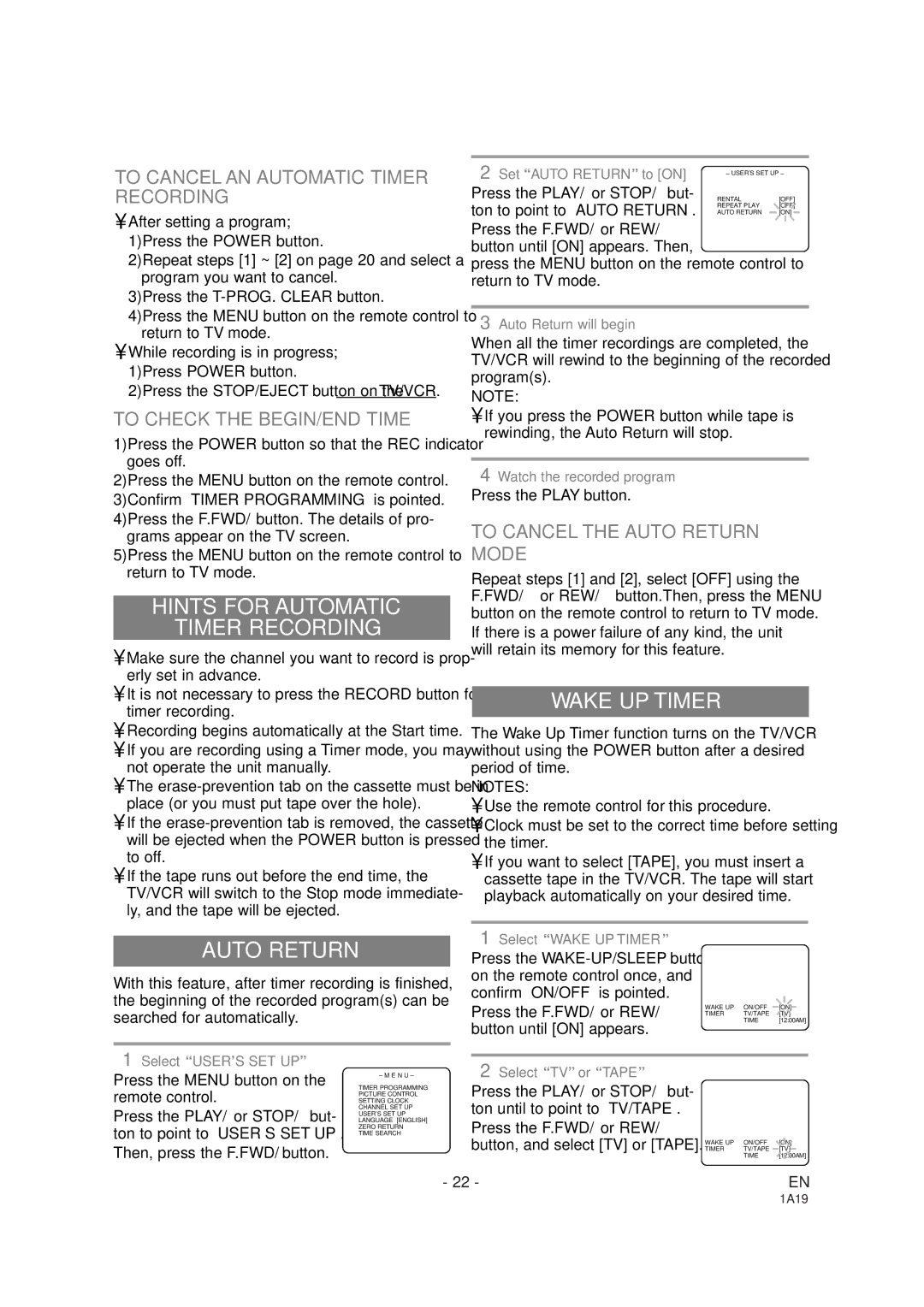 Sylvania SSC091 owner manual Hints for Automatic Timer Recording, Wake UP Timer, Auto Return 