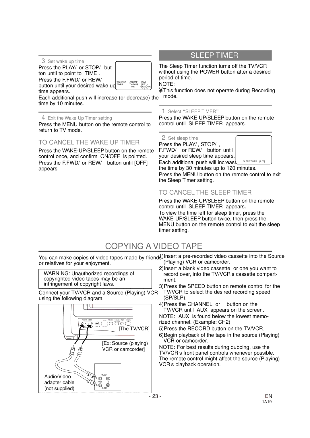 Sylvania SSC091 owner manual Copying a Video Tape, To Cancel the Wake UP Timer, To Cancel the Sleep Timer 