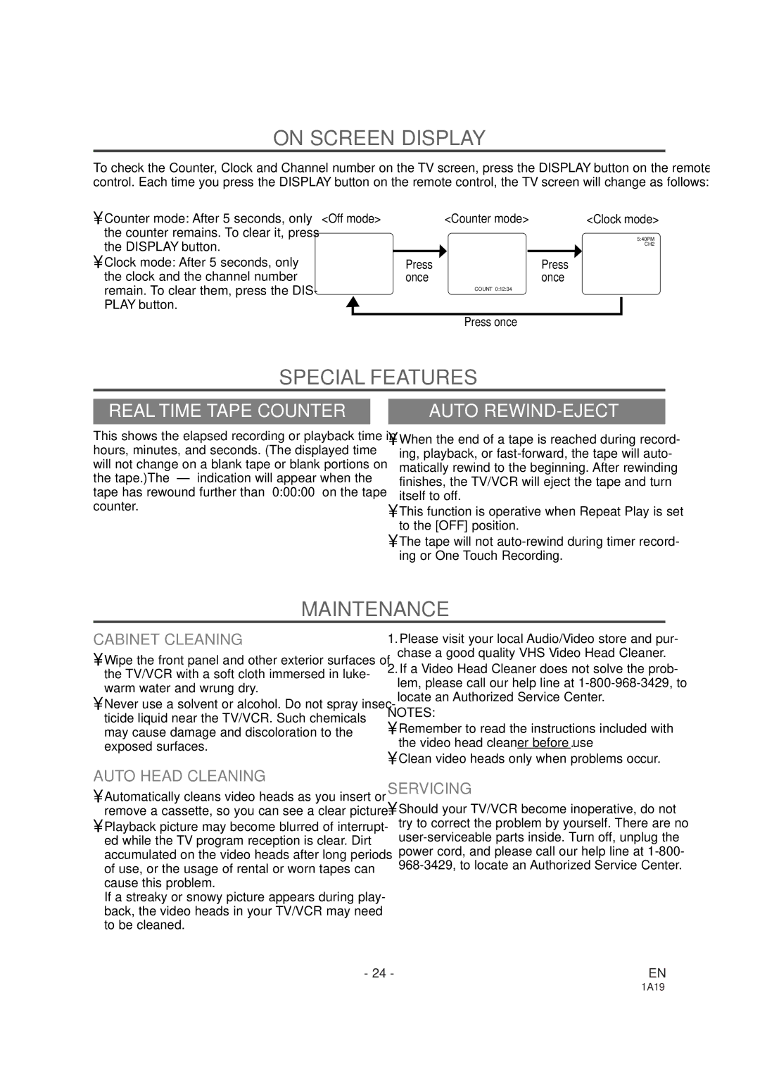 Sylvania SSC091 owner manual On Screen Display, Special Features, Maintenance, Real Time Tape Counter, Auto REWIND-EJECT 