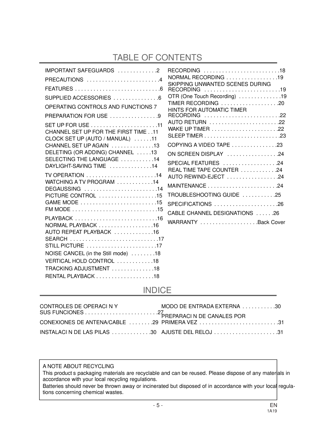 Sylvania SSC091 owner manual Table of Contents, Indice 
