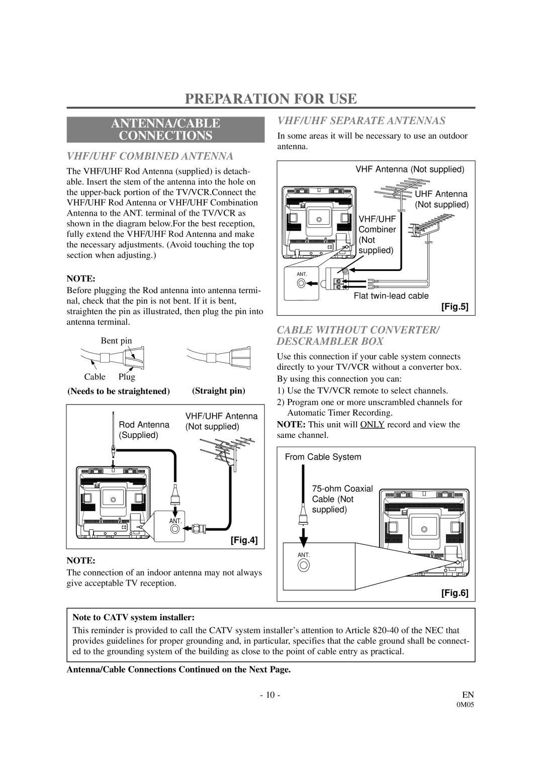 Sylvania SSC130B Preparation for USE, ANTENNA/CABLE Connections, VHF/UHF Combined Antenna, VHF/UHF Separate Antennas 