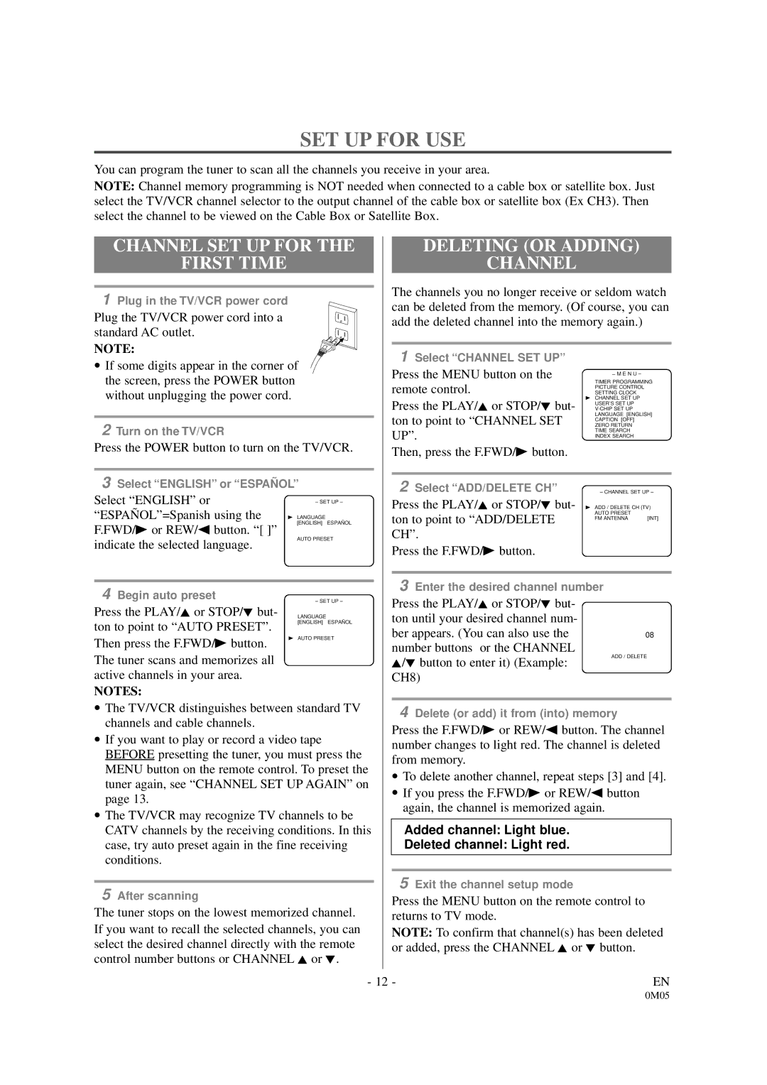 Sylvania SSC130B owner manual SET UP for USE, Channel SET UP for First Time, Deleting or Adding Channel 
