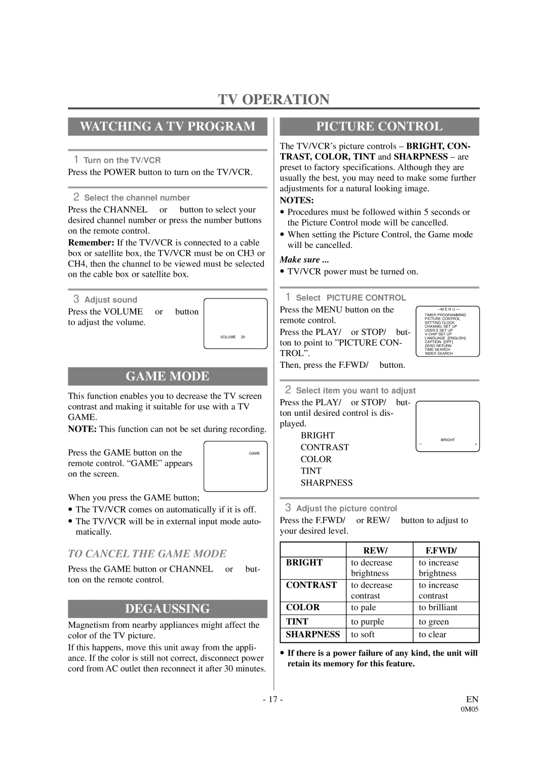 Sylvania SSC130B owner manual TV Operation, Watching a TV Program, Picture Control, Game Mode, Degaussing 