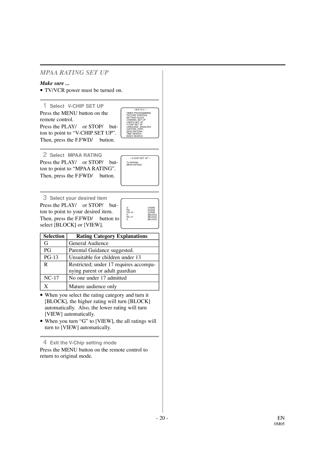 Sylvania SSC130B owner manual Mpaa Rating SET UP 