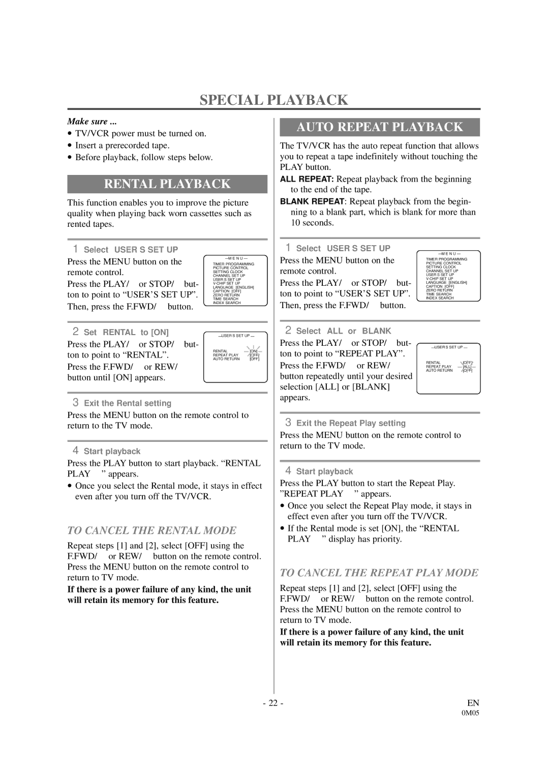 Sylvania SSC130B owner manual Special Playback, Rental Playback, Auto Repeat Playback, To Cancel the Rental Mode 