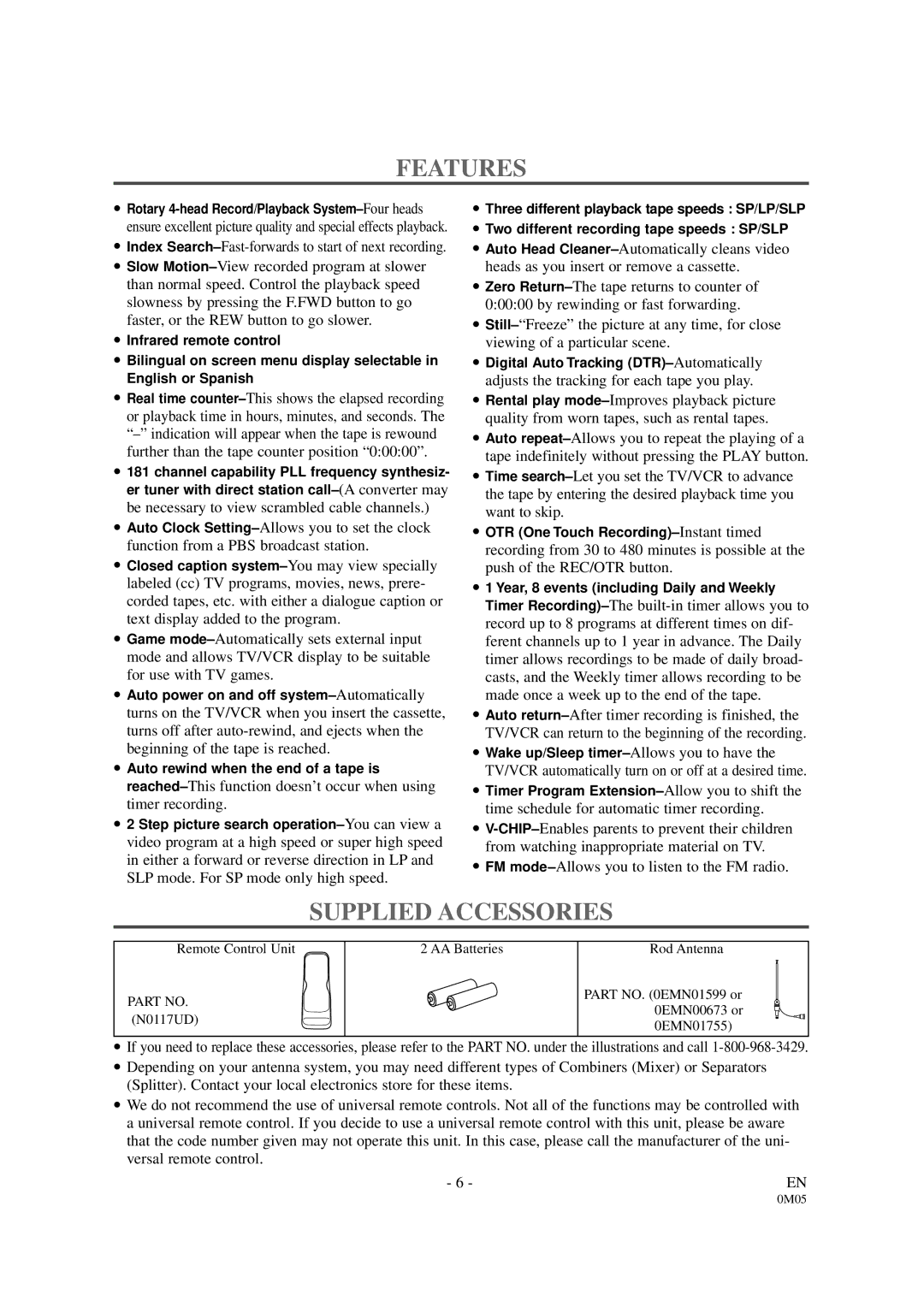 Sylvania SSC130B owner manual Features, Supplied Accessories 