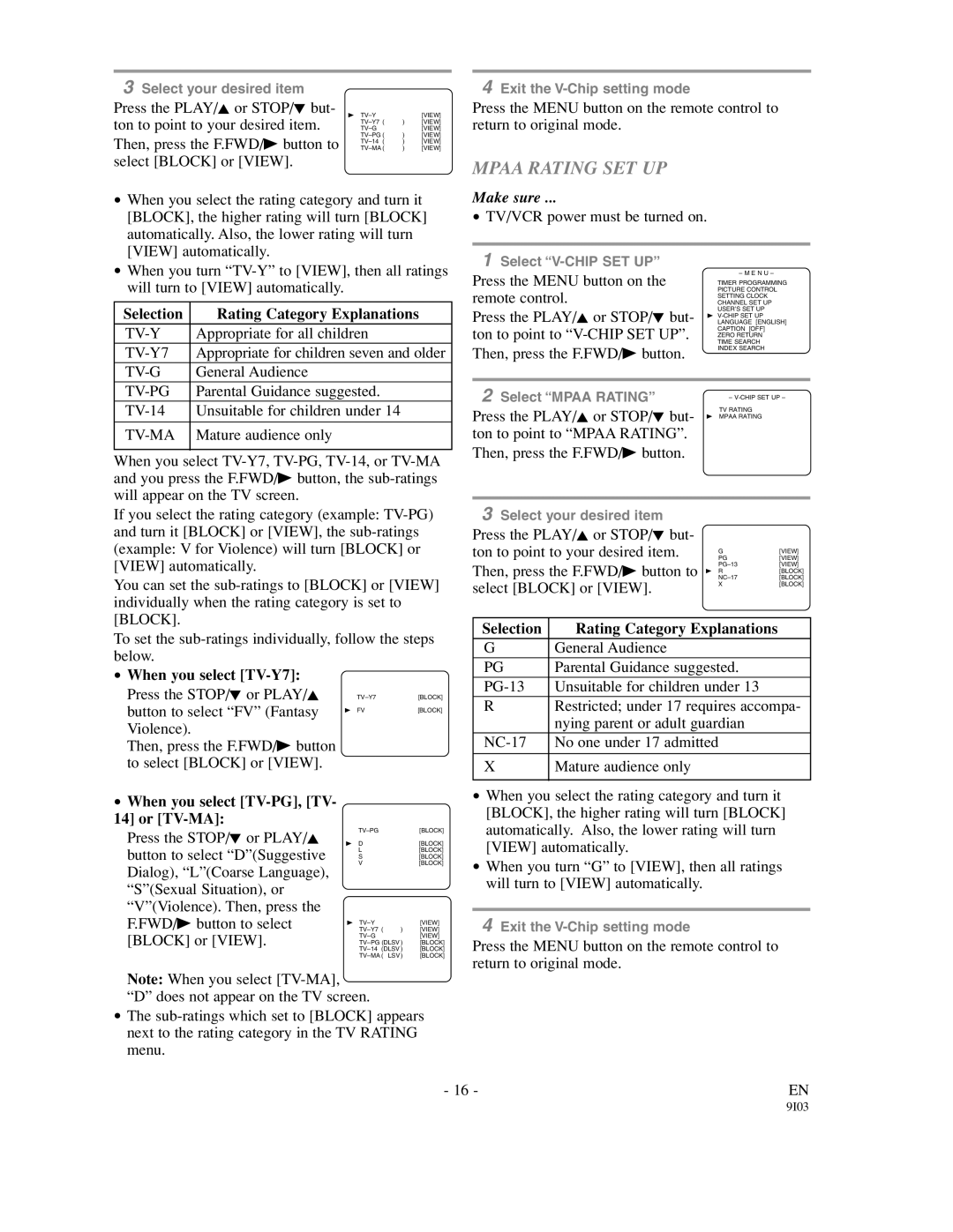 Sylvania SSC132, SSC192 Mpaa Rating SET UP, Selection Rating Category Explanations, When you select TV-PG, TV Or TV-MA 