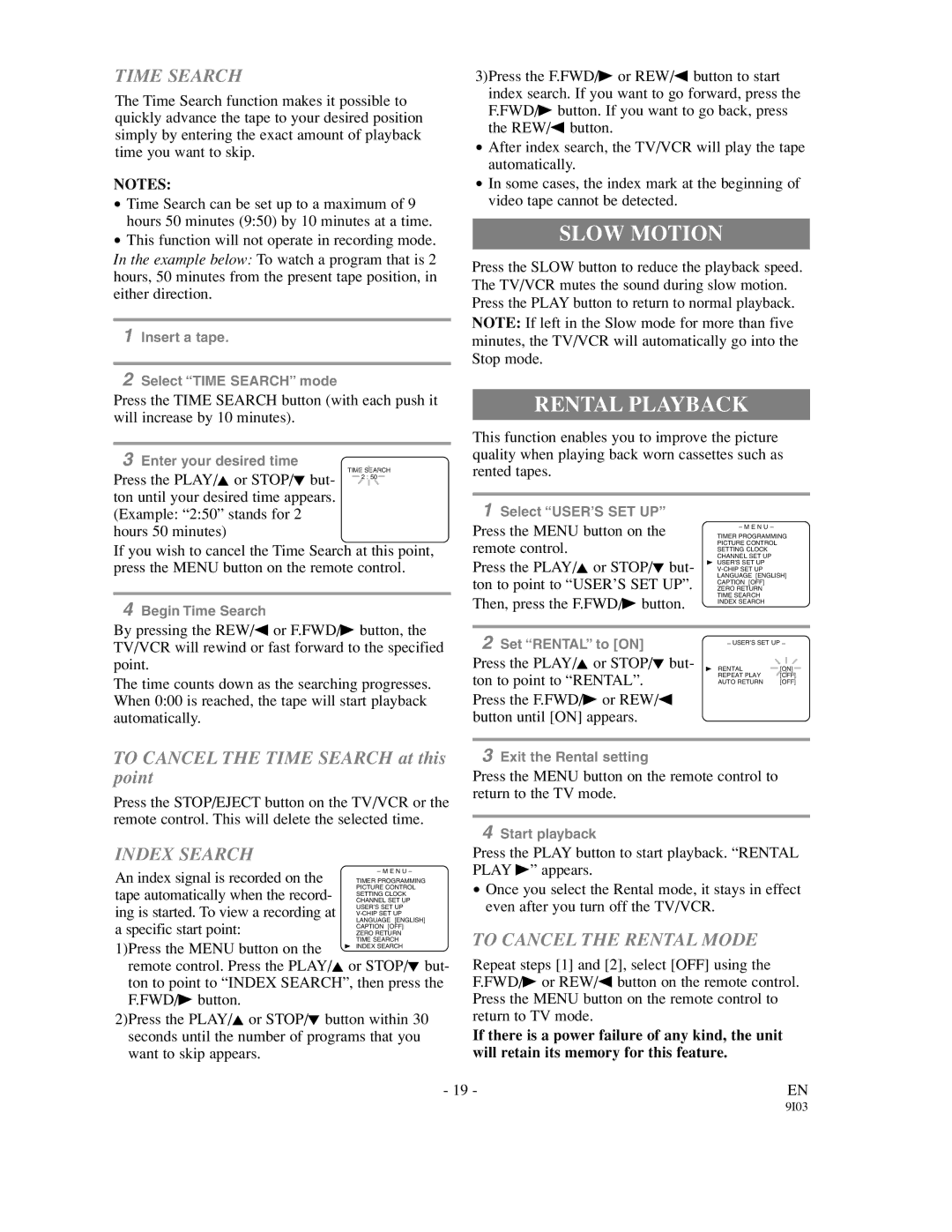 Sylvania SSC132, SSC192 owner manual Slow Motion, Rental Playback, Time Search, Index Search, To Cancel the Rental Mode 