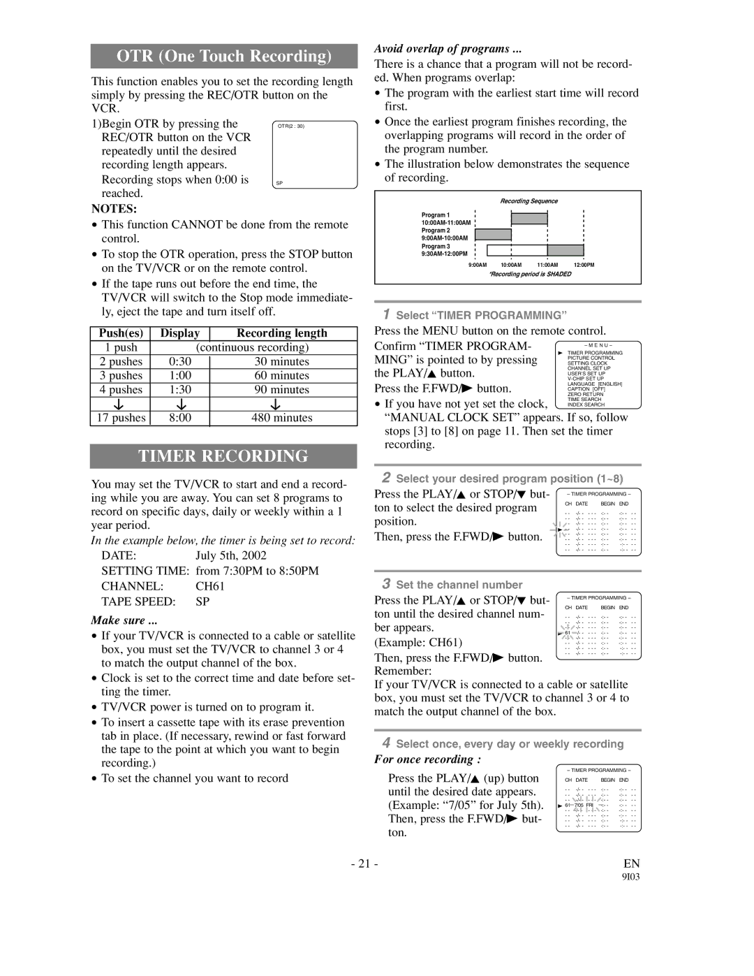 Sylvania SSC132, SSC192 owner manual Timer Recording, Pushes Display Recording length, Channel CH61 Tape Speed SP 