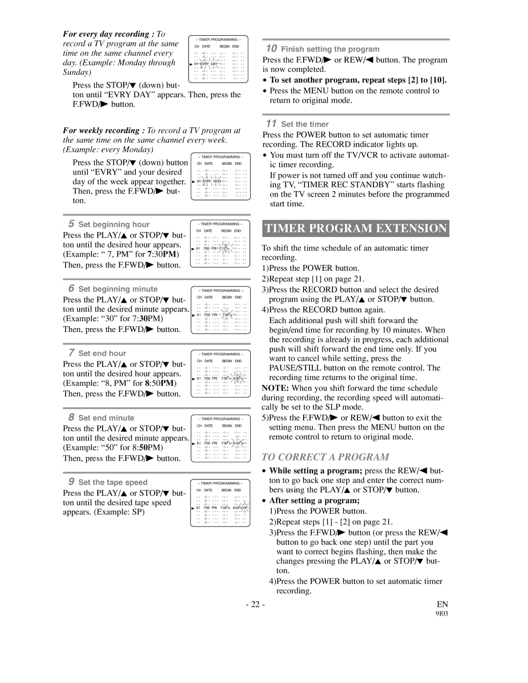 Sylvania SSC132, SSC192 Timer Program Extension, To Correct a Program, To set another program, repeat steps 2 to 