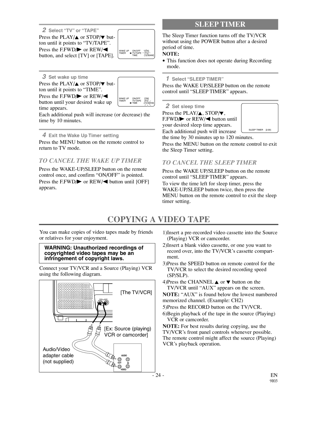 Sylvania SSC132, SSC192 owner manual Copying a Video Tape, To Cancel the Wake UP Timer, To Cancel the Sleep Timer 