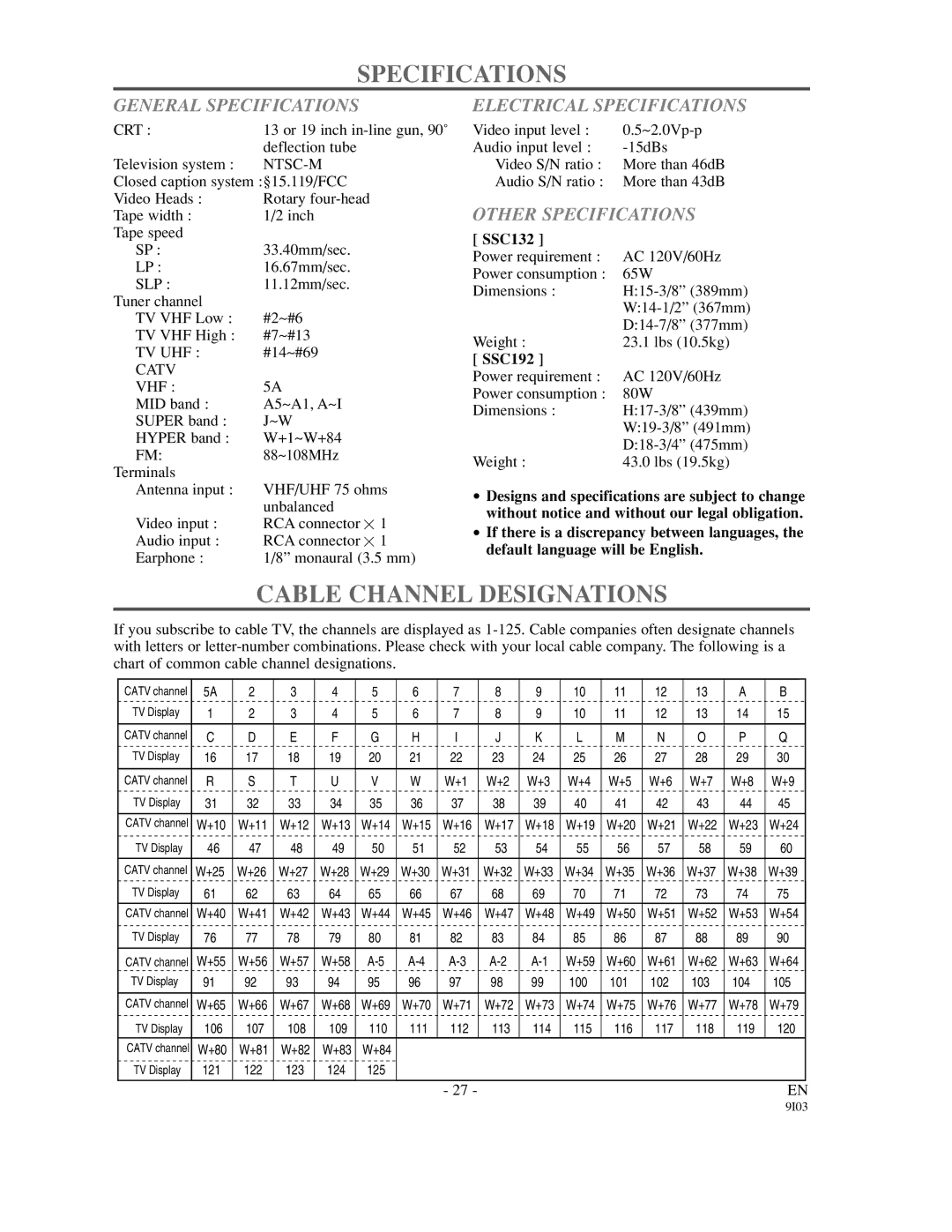 Sylvania SSC132 Cable Channel Designations, General Specifications, Electrical Specifications, Other Specifications 