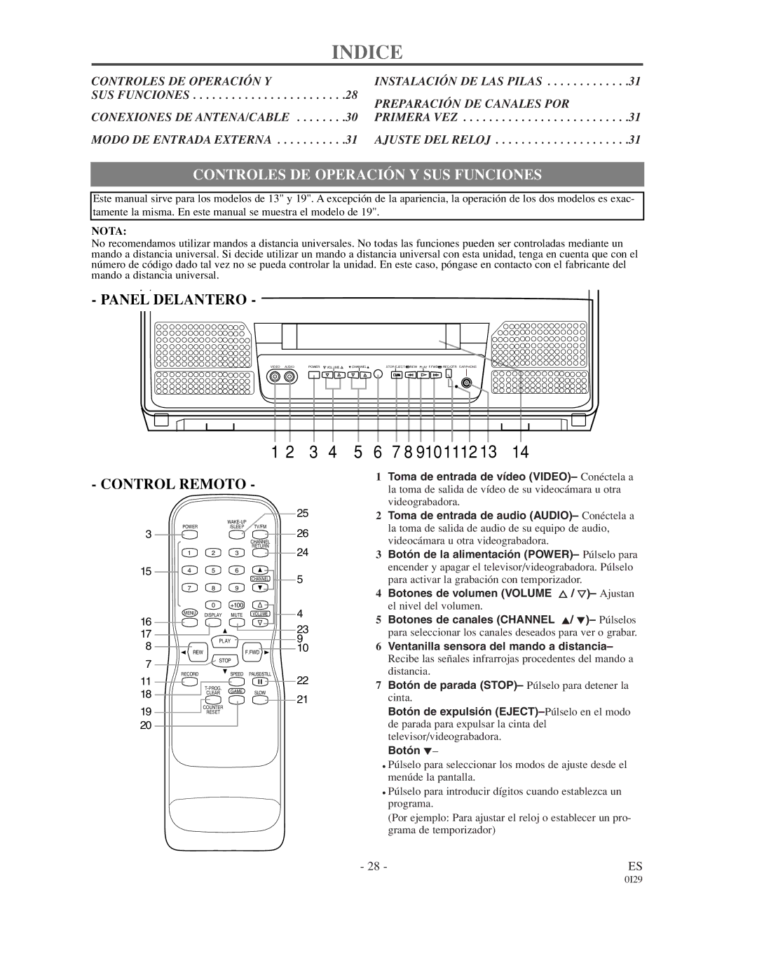 Sylvania SSC132, SSC192 owner manual Indice, Controles DE Operación Y SUS Funciones 