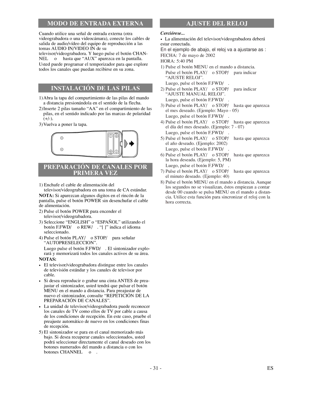 Sylvania SSC132, SSC192 owner manual Modo DE Entrada Externa 