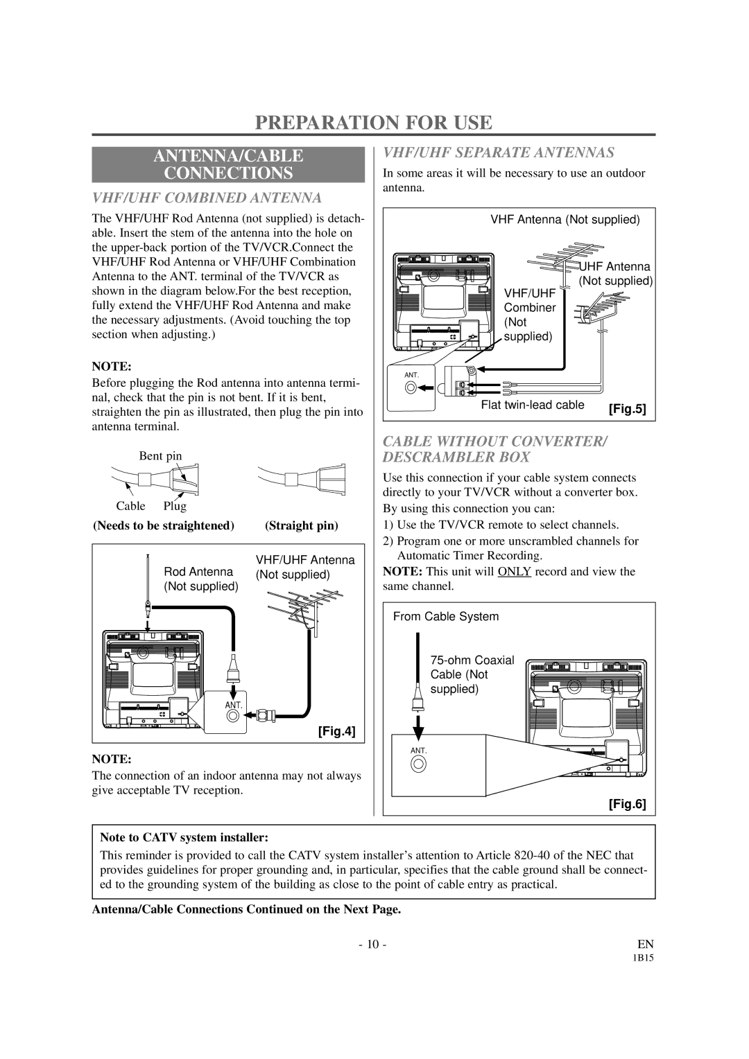 Sylvania SSC191 Preparation for USE, ANTENNA/CABLE Connections, VHF/UHF Combined Antenna, VHF/UHF Separate Antennas 