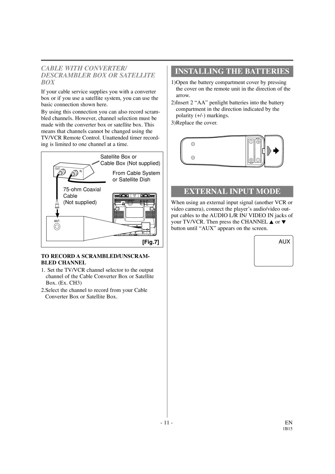 Sylvania SSC191 Installing the Batteries, External Input Mode, Cable with CONVERTER/ Descrambler BOX or Satellite BOX 