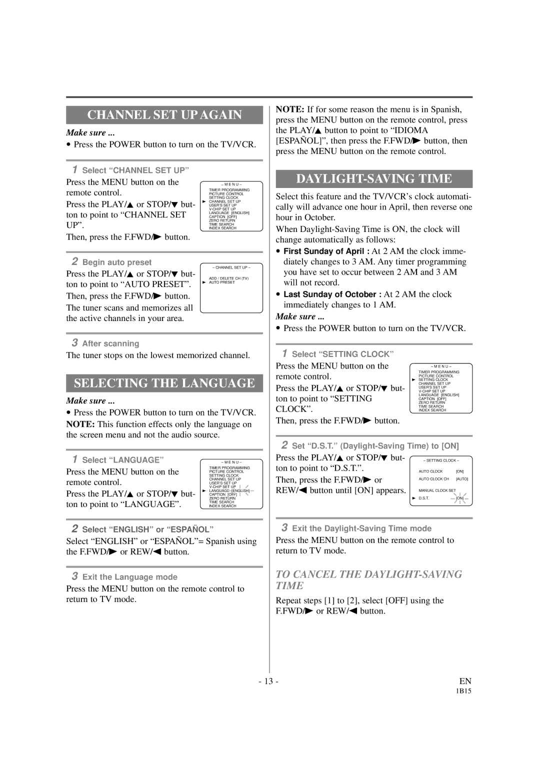 Sylvania SSC191 owner manual Channel SET UP Again, Selecting the Language, To Cancel the DAYLIGHT-SAVING Time 