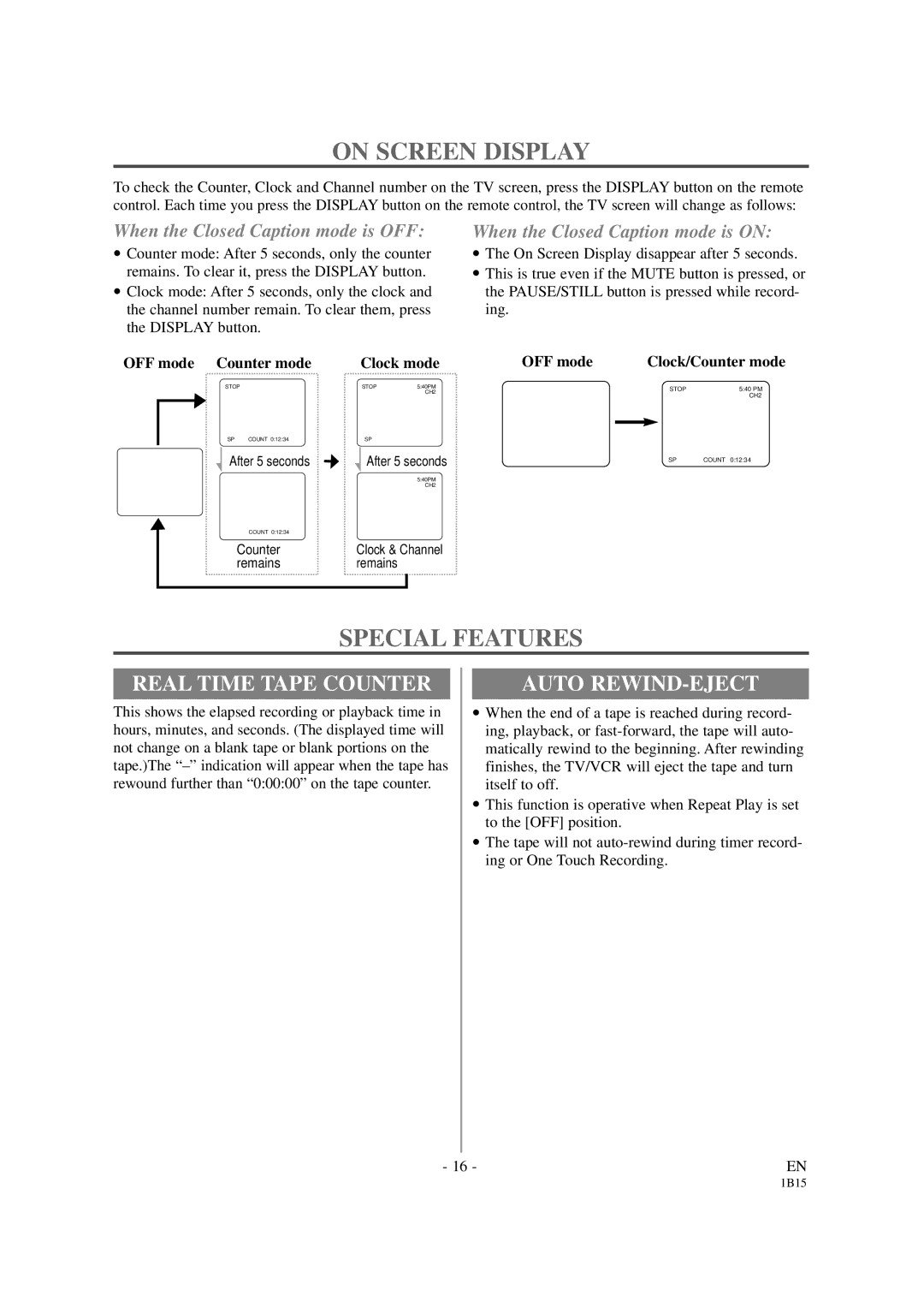 Sylvania SSC191 owner manual On Screen Display, Special Features, Real Time Tape Counter, Auto REWIND-EJECT 