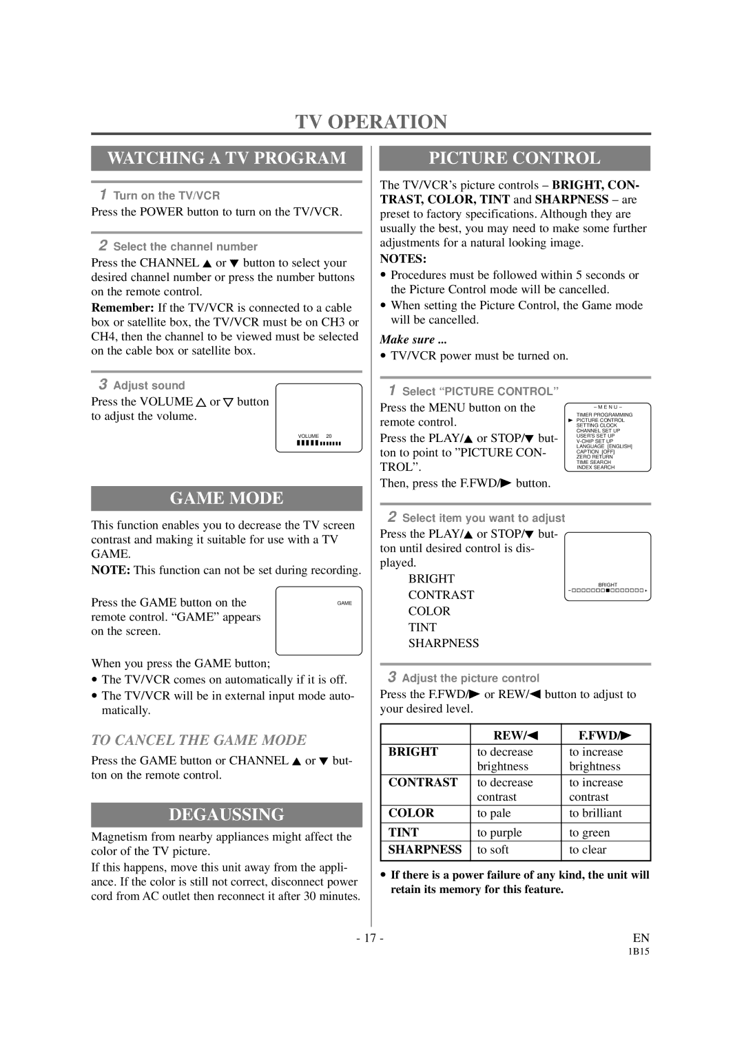 Sylvania SSC191 owner manual TV Operation, Watching a TV Program, Picture Control, Game Mode, Degaussing 