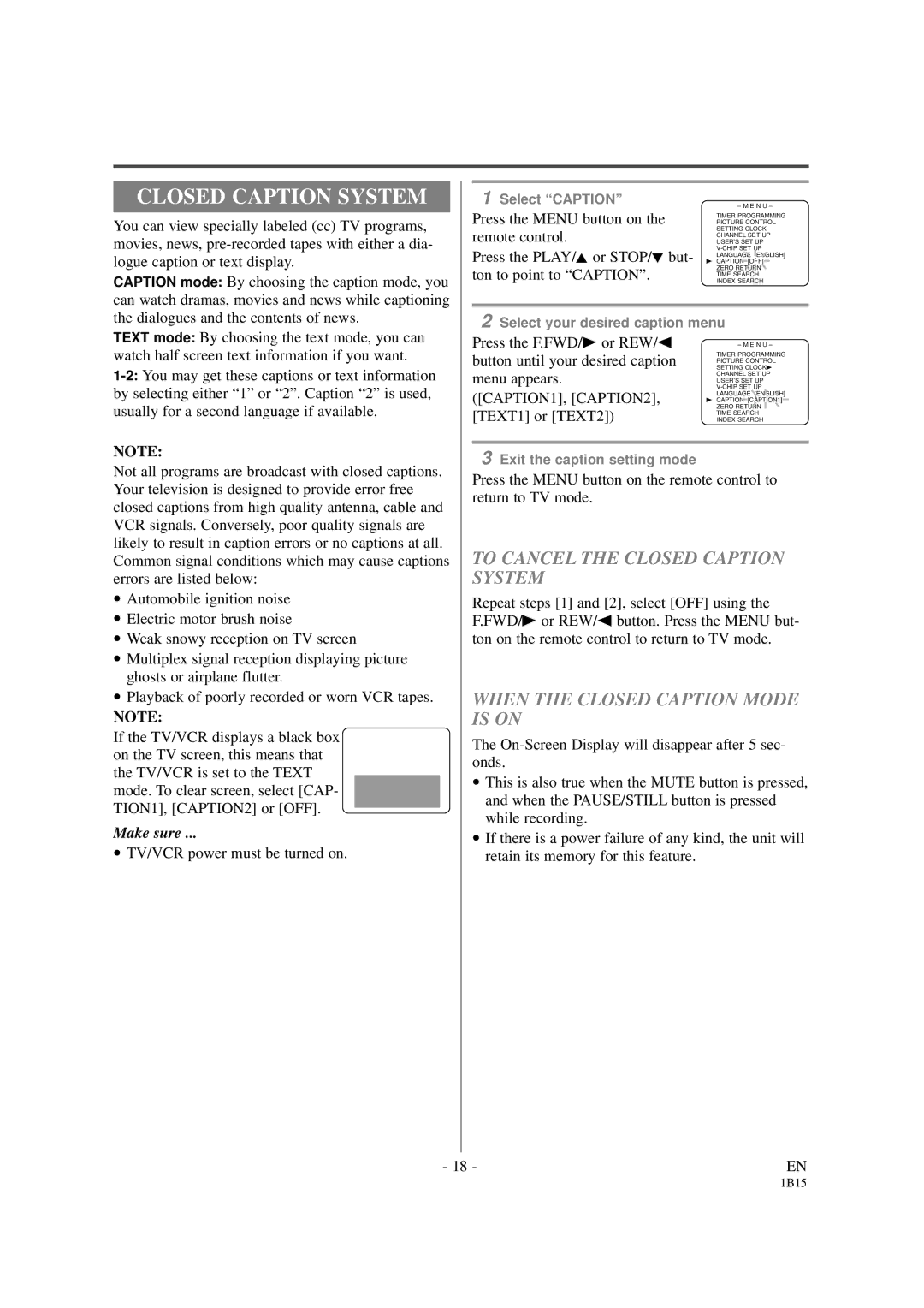 Sylvania SSC191 To Cancel the Closed Caption System, When the Closed Caption Mode is on, CAPTION1, CAPTION2 