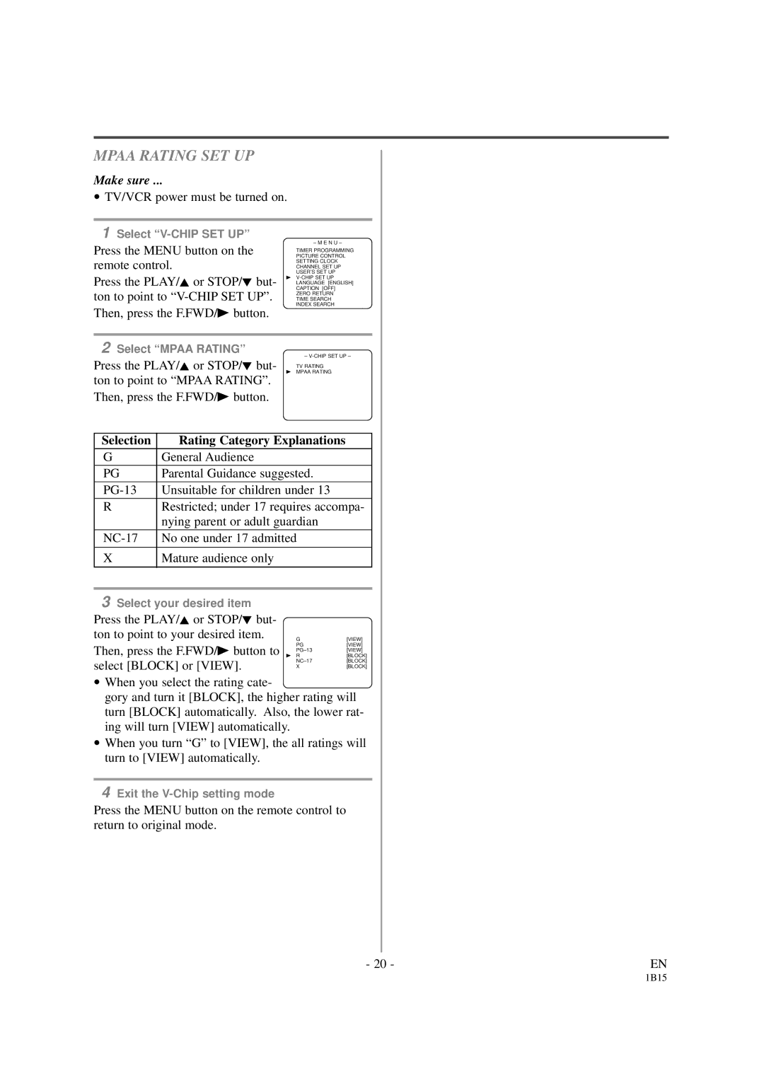 Sylvania SSC191 owner manual Mpaa Rating SET UP 