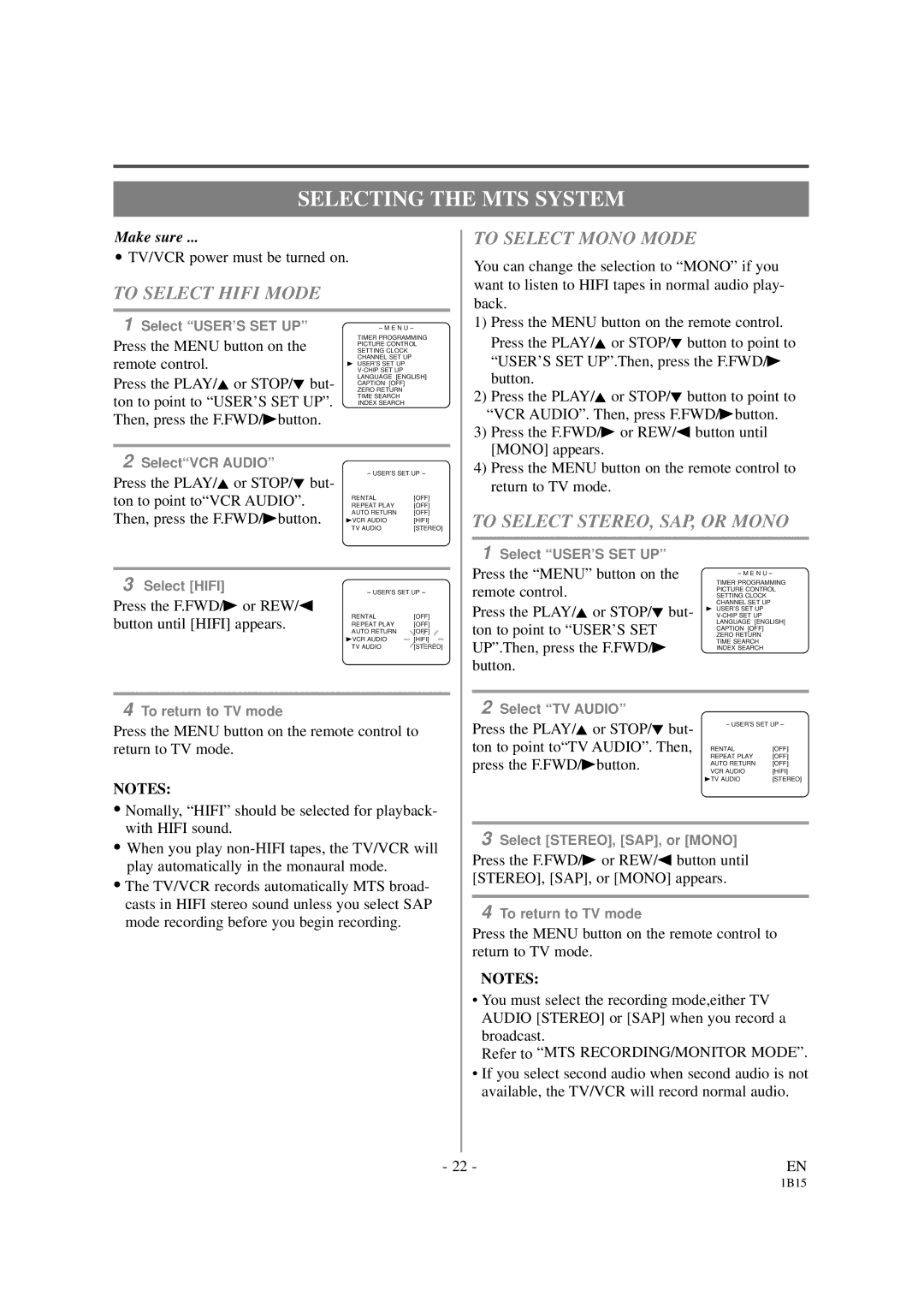 Sylvania SSC191 Selecting the MTS System, To Select Hifi Mode To Select Mono Mode, To Select STEREO, SAP, or Mono 