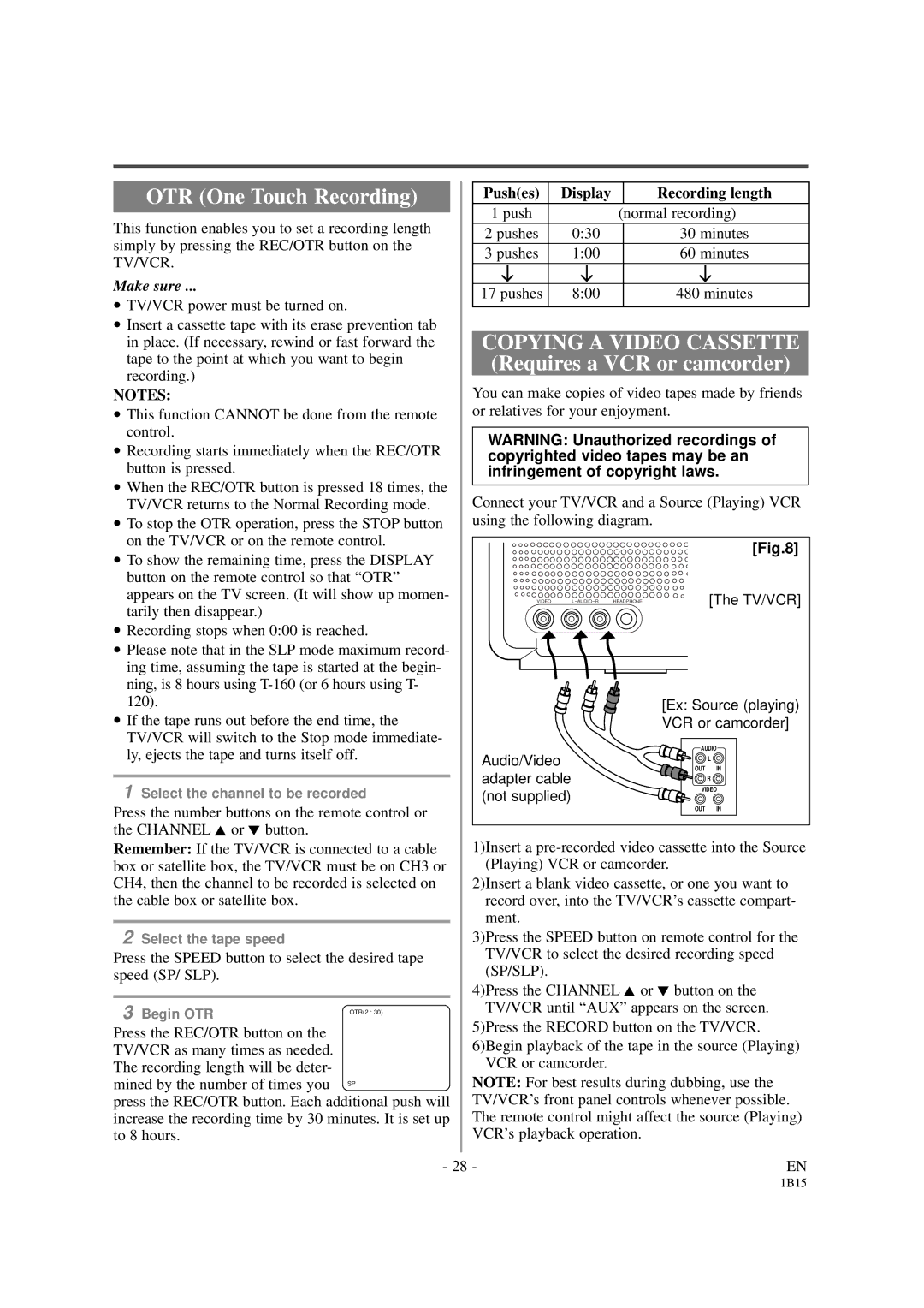 Sylvania SSC191 owner manual OTR One Touch Recording 