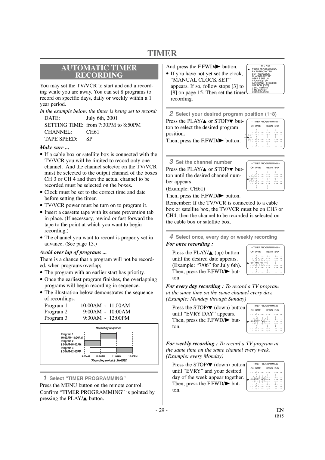 Sylvania SSC191 owner manual Automatic Timer Recording, Channel CH61 Tape Speed SP, Manual Clock SET 