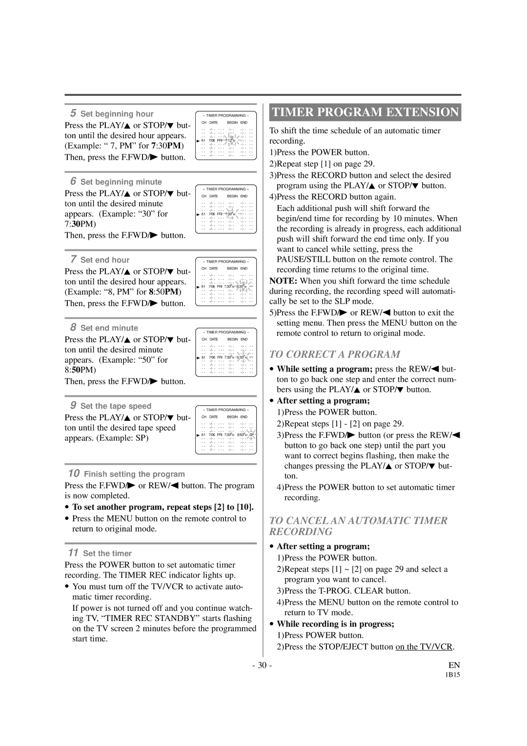 Sylvania SSC191 owner manual Timer Program Extension, To Correct a Program, To Cancel AN Automatic Timer Recording 