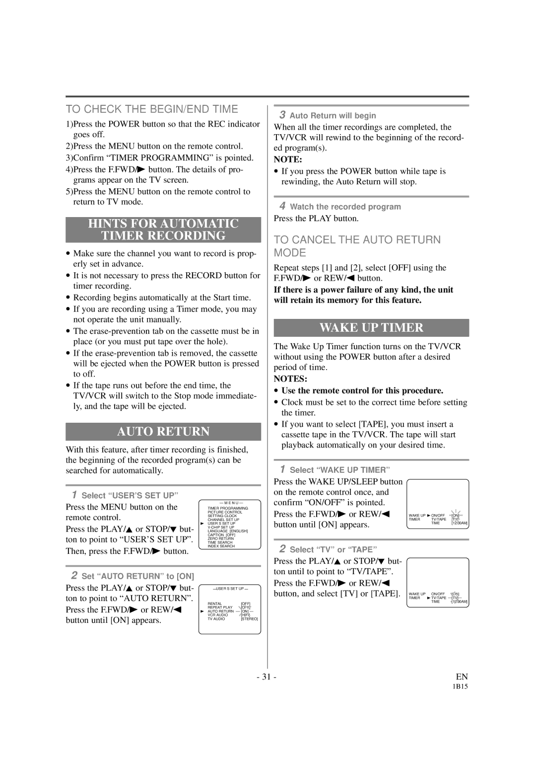 Sylvania SSC191 owner manual Hints for Automatic Timer Recording, Auto Return, Wake UP Timer, To Check the BEGIN/END Time 