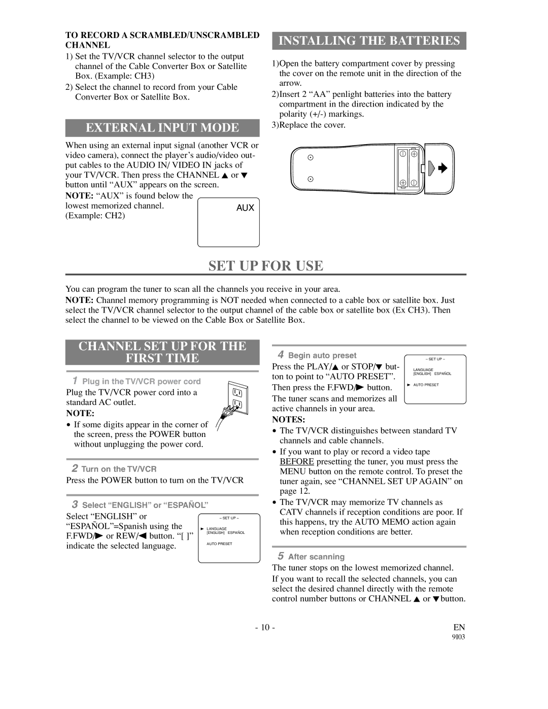 Sylvania SSC192 owner manual SET UP for USE, External Input Mode, Installing the Batteries, Channel SET UP for First Time 