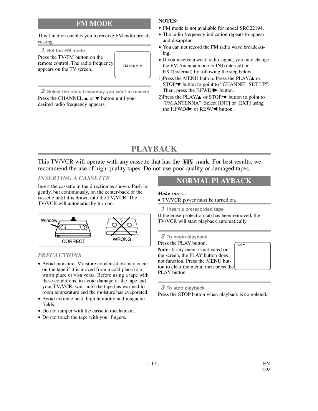 Sylvania SSC192 owner manual FM Mode, Normal Playback, Inserting a Cassette, Precautions 