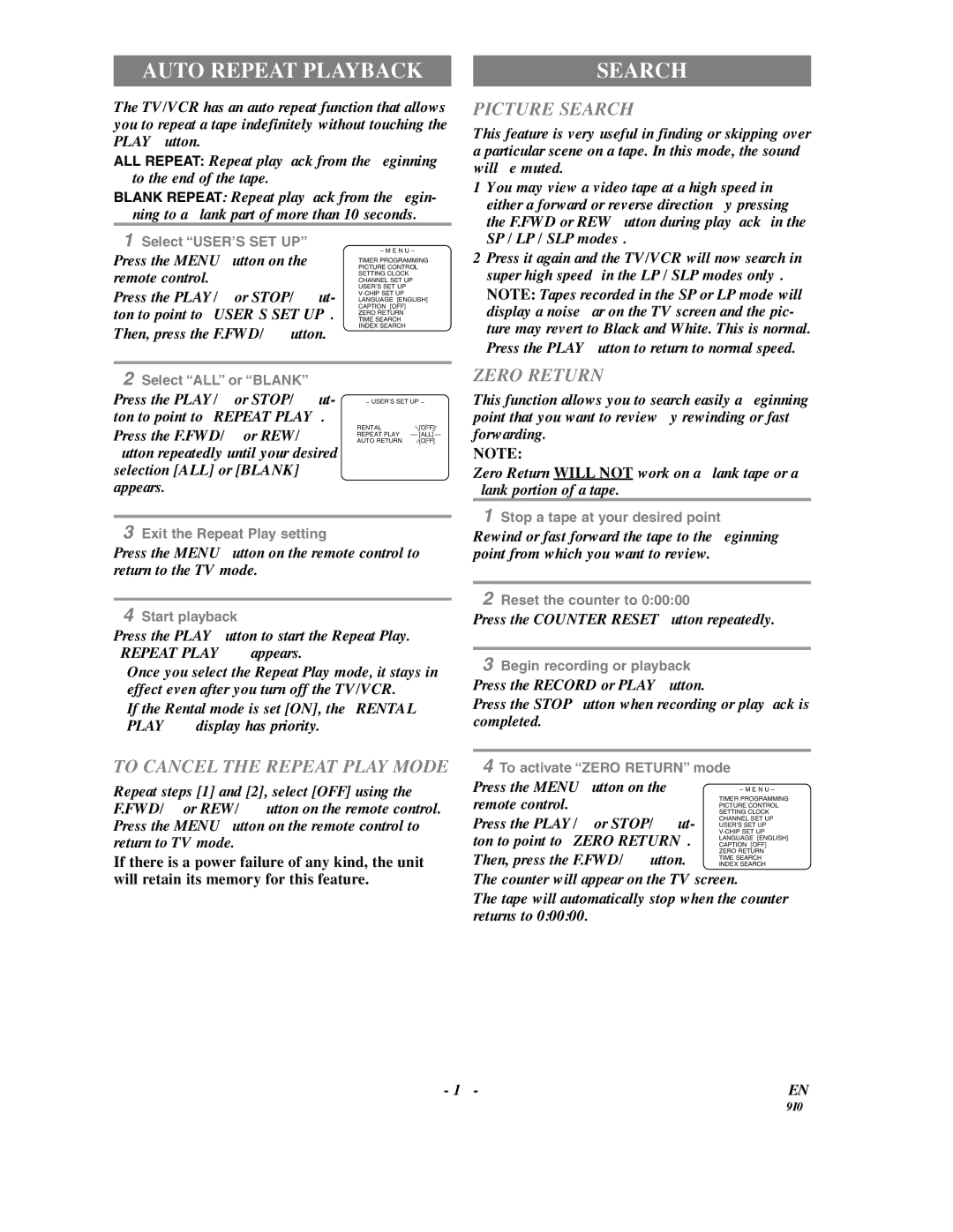 Sylvania SSC192 owner manual Auto Repeat Playback, Picture Search, Zero Return, To Cancel the Repeat Play Mode 