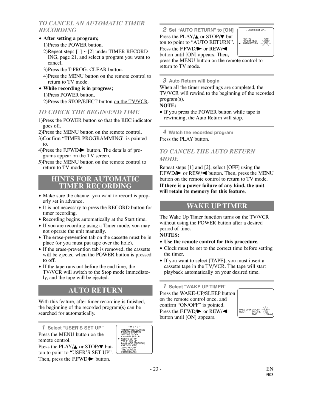 Sylvania SSC192 owner manual Hints for Automatic Timer Recording, Wake UP Timer, Auto Return 