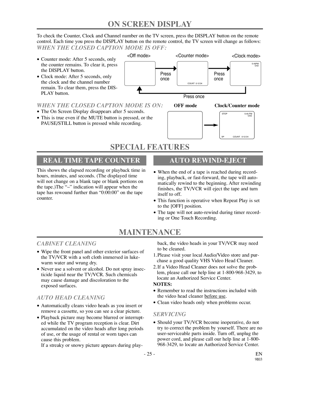 Sylvania SSC192 owner manual On Screen Display, Special Features, Maintenance, Real Time Tape Counter, Auto REWIND-EJECT 