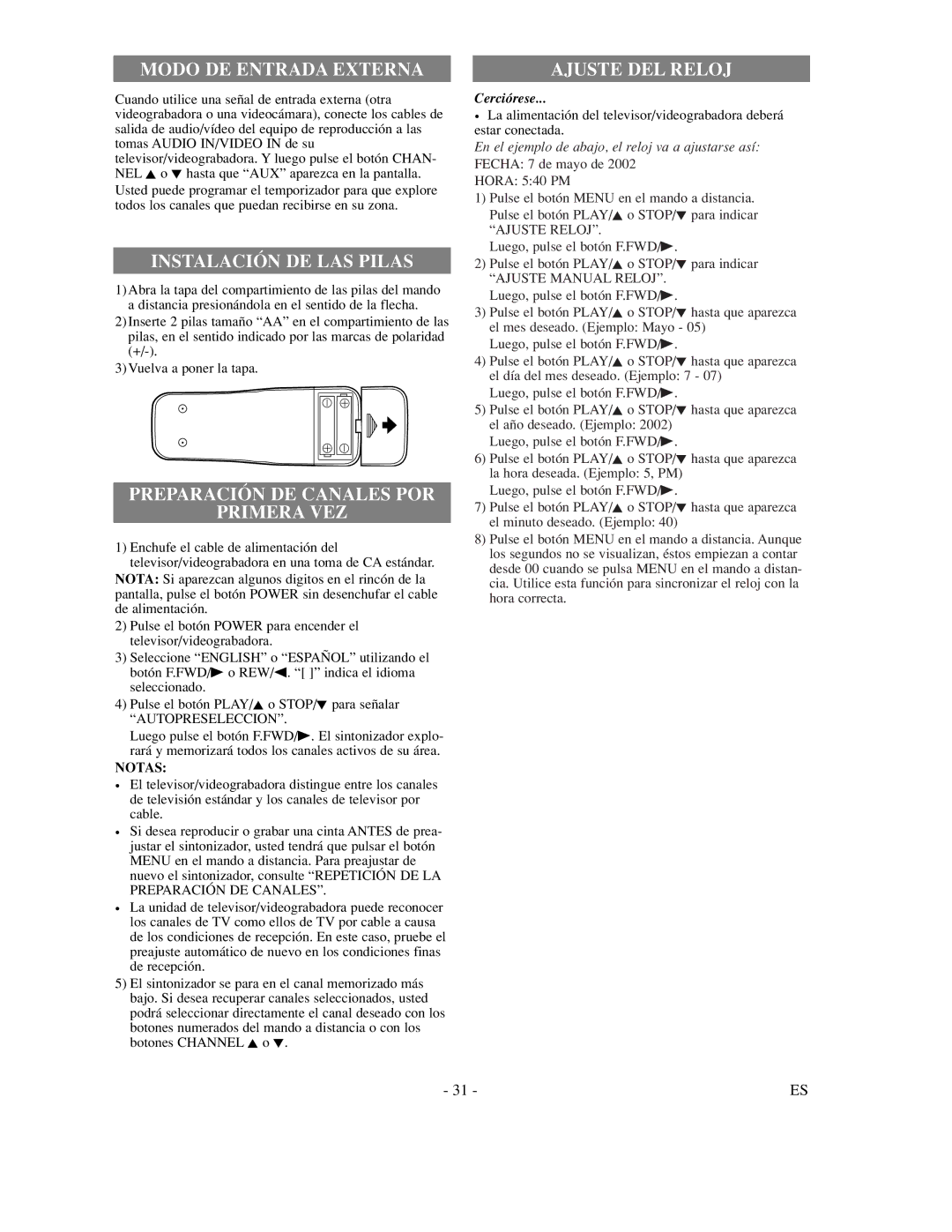 Sylvania SSC192 owner manual Modo DE Entrada Externa 