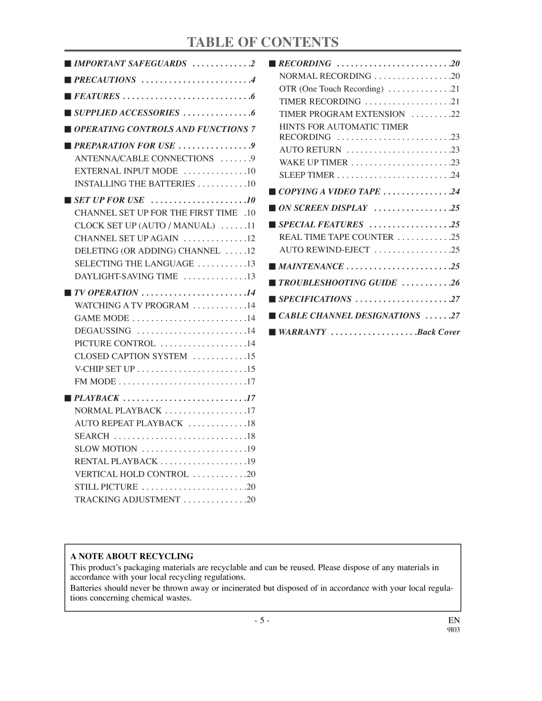 Sylvania SSC192 owner manual Table of Contents 