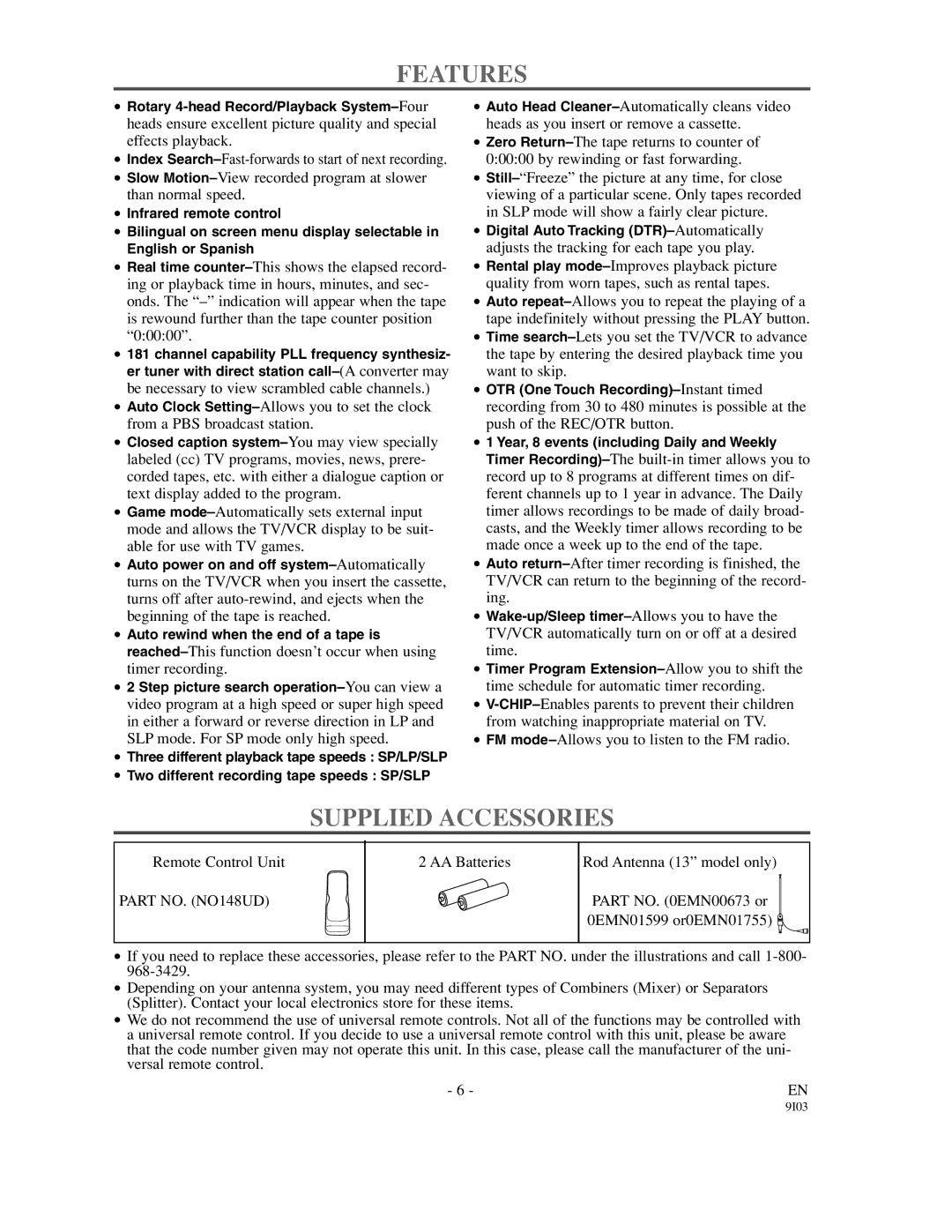 Sylvania SSC192 owner manual Features, Supplied Accessories, Part NO. NO148UD 