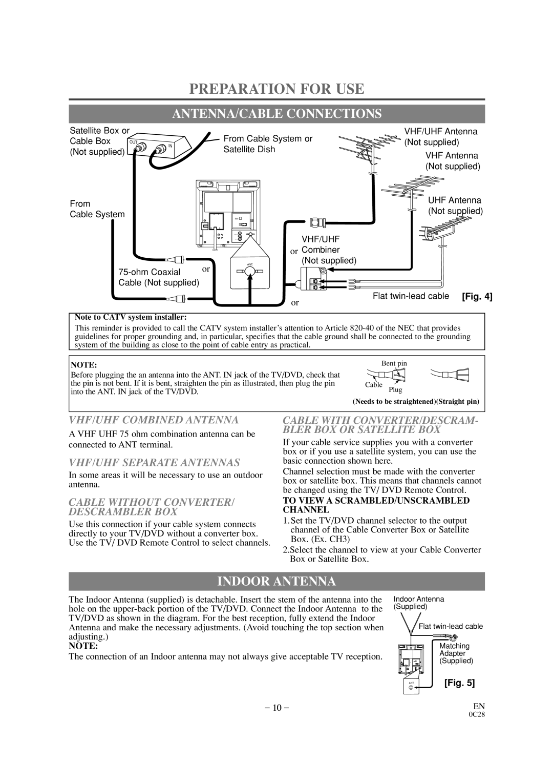 Sylvania SSC509D Preparation for USE, ANTENNA/CABLE Connections, Indoor Antenna, To View a SCRAMBLED/UNSCRAMBLED Channel 