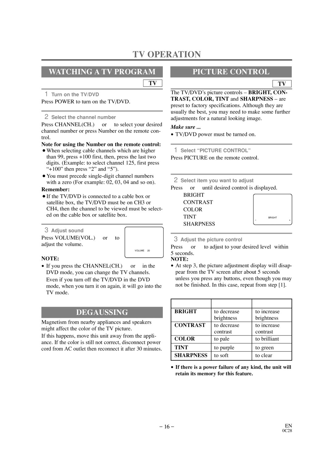 Sylvania SSC509D owner manual TV Operation, Watching a TV Program, Degaussing, Picture Control 