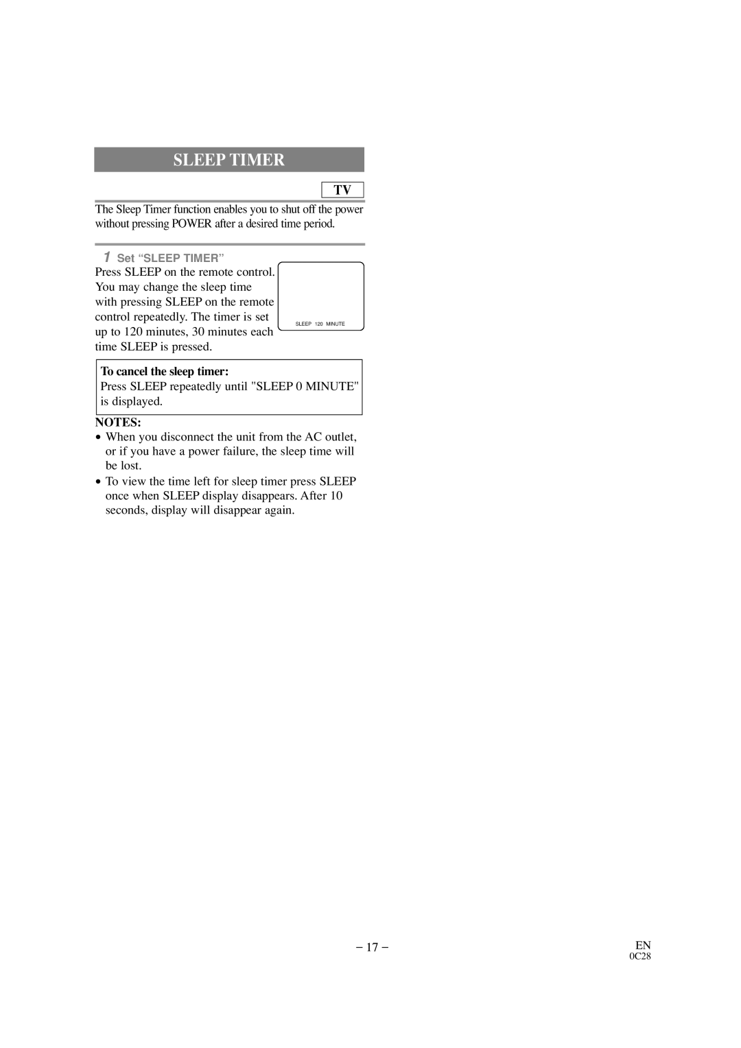 Sylvania SSC509D Sleep Timer, Up to 120 minutes, 30 minutes each time Sleep is pressed, To cancel the sleep timer 