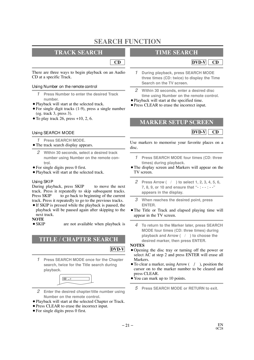 Sylvania SSC509D owner manual Search Function, Track Search, Title / Chapter Search, Marker Setup Screen 