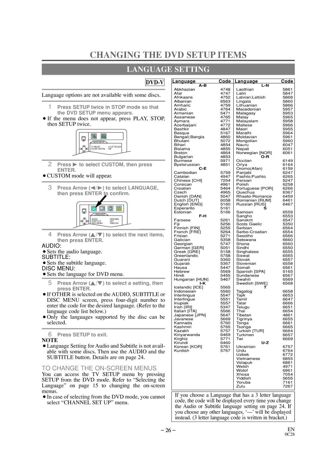 Sylvania SSC509D owner manual Changing the DVD Setup Items, Language Setting 