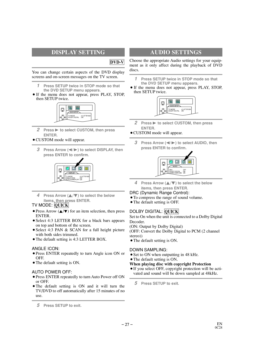 Sylvania SSC509D owner manual Display Setting, Audio Settings, ¡Press Arrow K/L for an item selection, then press 