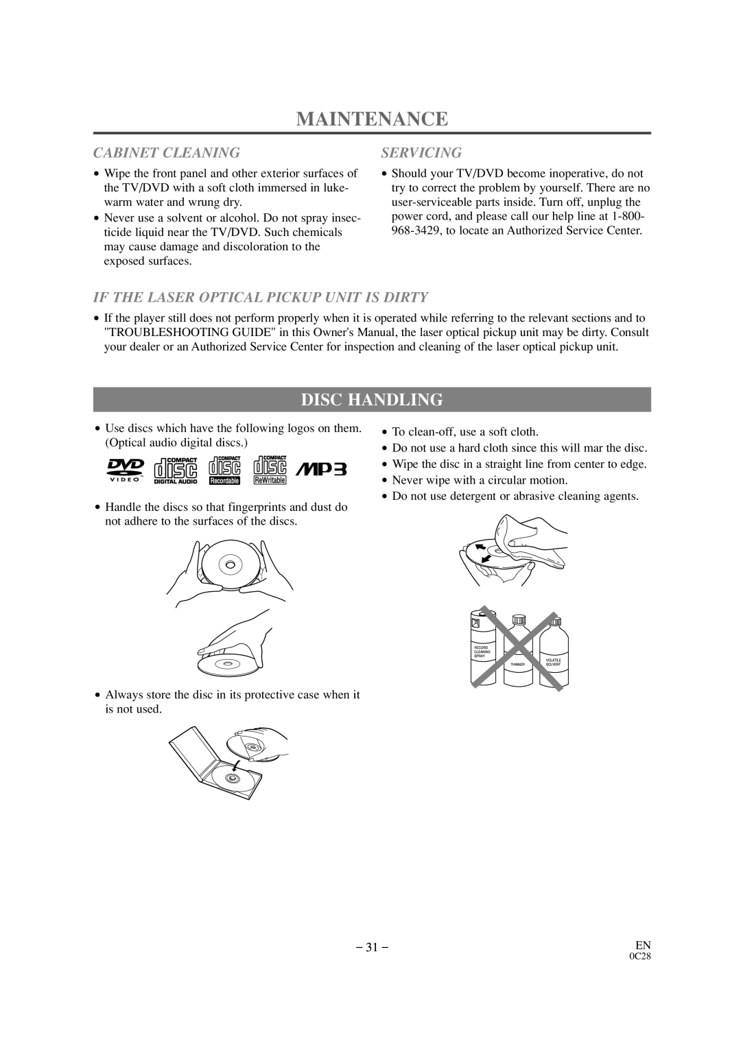 Sylvania SSC509D owner manual Maintenance, Disc Handling 