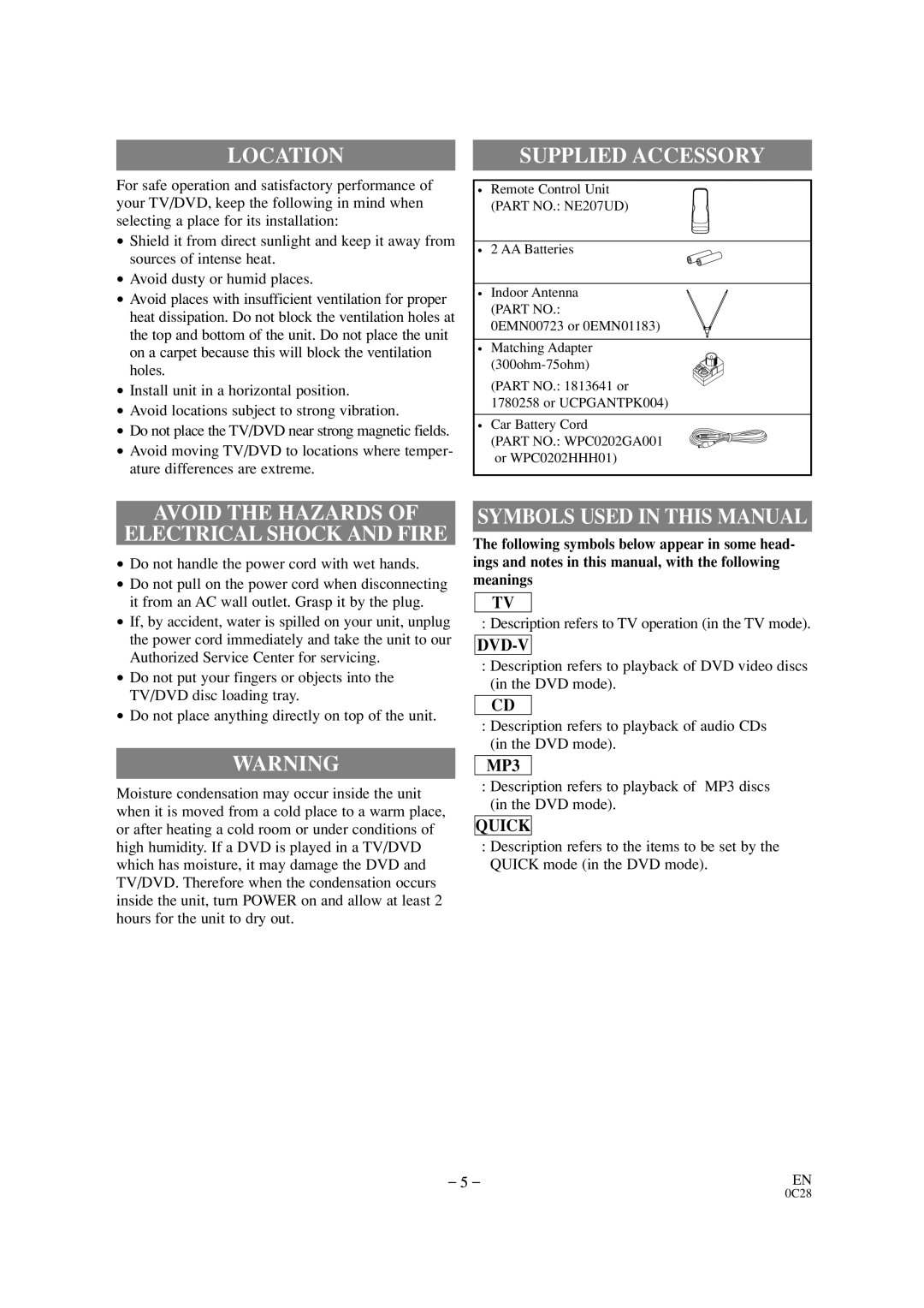 Sylvania SSC509D Location, Supplied Accessory, Avoid the Hazards Electrical Shock and Fire, Symbols Used in this Manual 