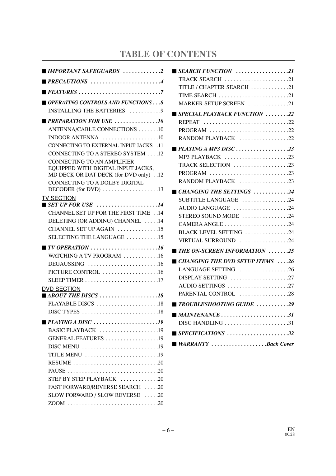 Sylvania SSC509D owner manual Table of Contents 