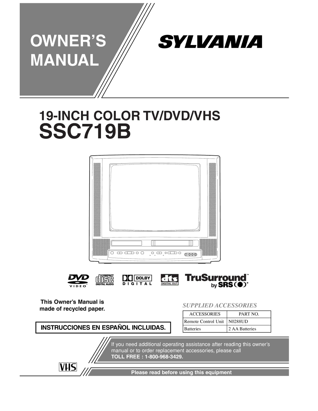 Sylvania SSC719B owner manual Supplied Accessories 